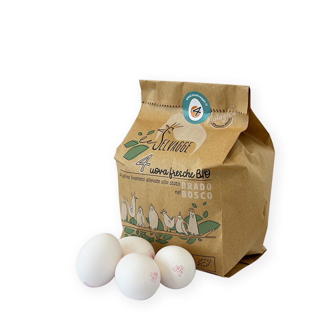 Le Selvagge uova bianche BIO in sacchetto di carta riciclata e fieno di montagna