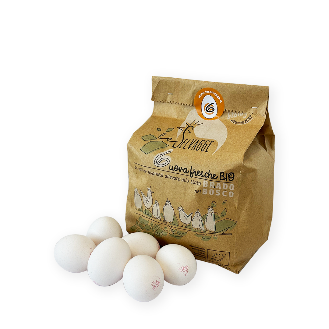 Le Selvagge uova bianche BIO in sacchetto di carta riciclata e fieno di montagna