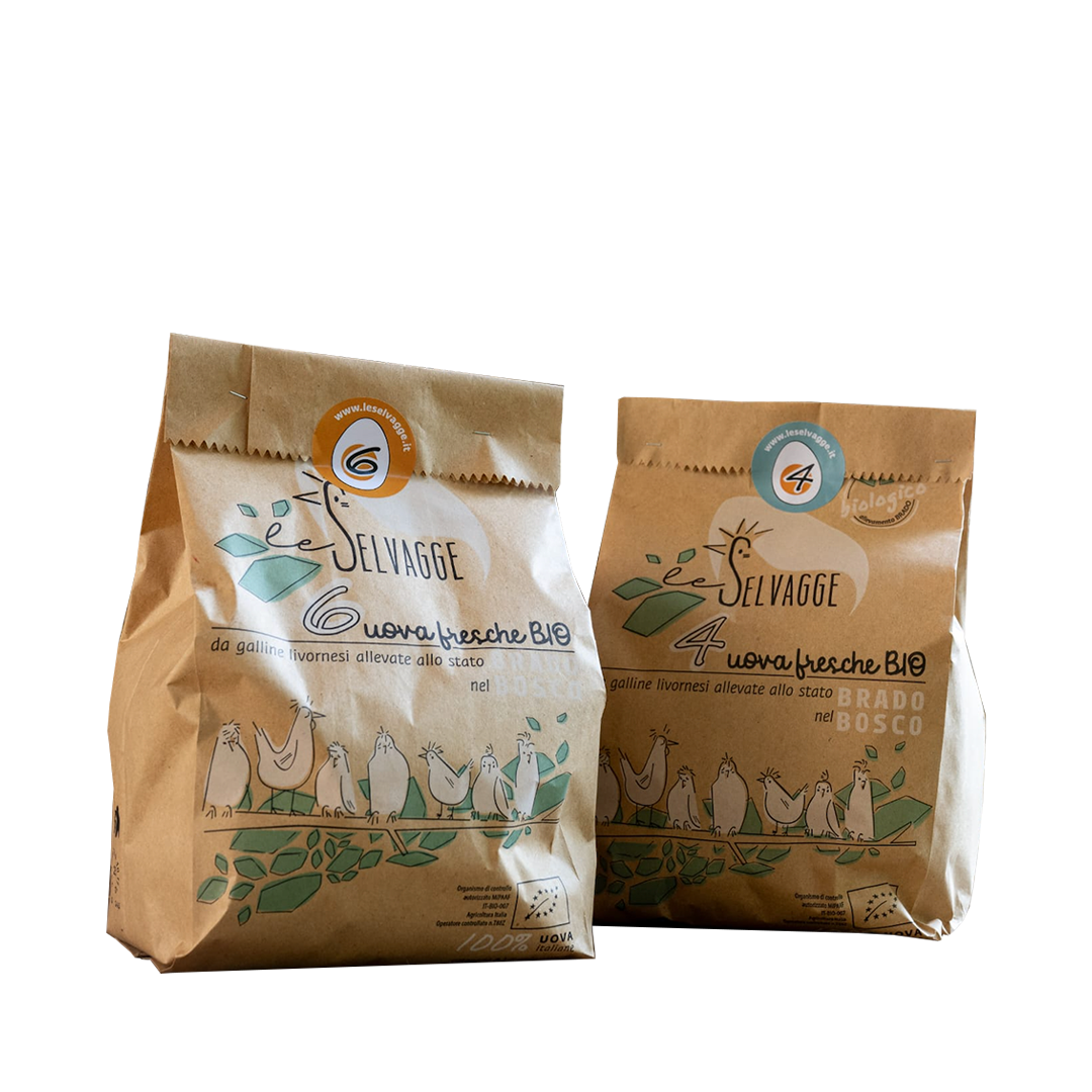 Le Selvagge uova bianche BIO in sacchetto di carta riciclata e fieno di montagna